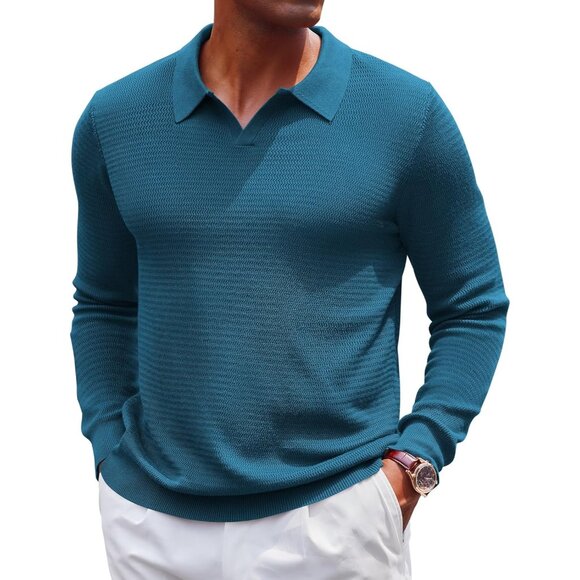 Men's Knit Polo Sweater V-Neck Long Sleeve Dress Pullover Sweater Peacock Blue - Picture 1 of 5